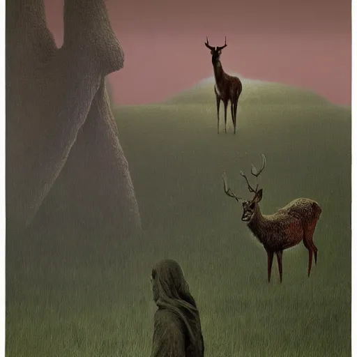 Prompt: a deer in style of shadow of the colossus by zdzisław beksiński