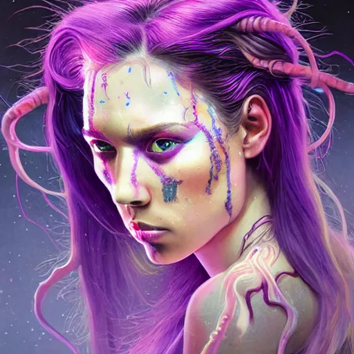 Image similar to detailed photo portrait of a furious teen girl with thin, hair-like purple tentacles on her head and bright purple eyes, 8k,by tristan eaton, Stanley Artgermm,Tom Bagshaw,Greg Rutkowski,Carne Griffiths,trending on DeviantArt, face enhance,hyper detailed ,full of colour, dramatic lightning