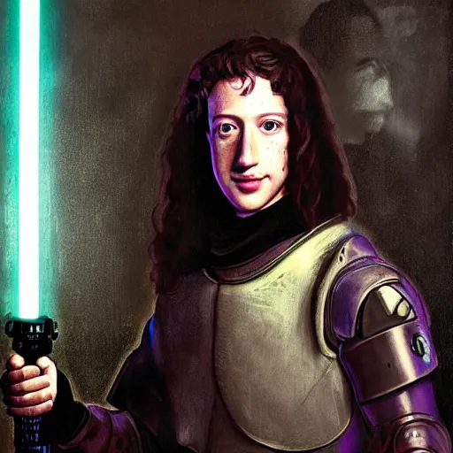 Prompt: Cyberpunk Mark Zuckerberg as a long haired medieval pilot wearing a transparent helmet while holding a purple lightsaber inside a medieval spaceship, by Diego Velázquez