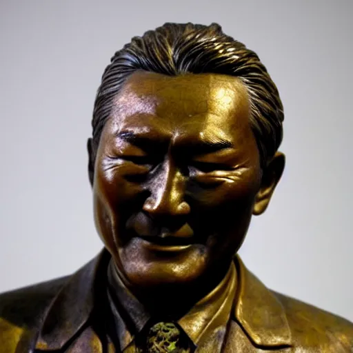 Image similar to close up shot of an old bronze patina statue of takeshi kitano in a museum