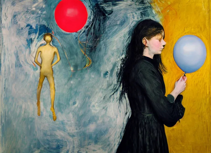 Image similar to portrait of a girl in a dress holding balloons, vincent lefevre and hernan bas and pat steir and hilma af klint, psychological, photorealistic, dripping paint, washy brush, rendered in octane, altermodern, masterpiece