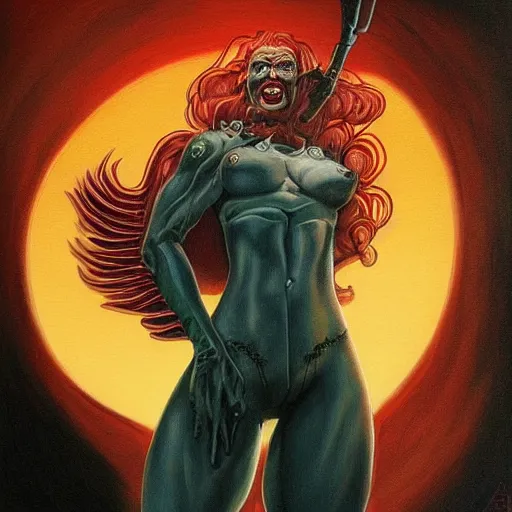 Image similar to painting in style of michael whelan, the super hot, dark angel of coffee