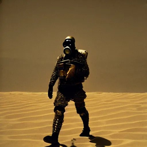 Image similar to a heavily armored man wearing a gasmask walking through a desert, coral in background, film still, arriflex 3 5