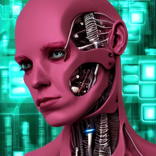 Image similar to as android of the new flesh with invasive cybernetic implants and viral infection, award winning digital art realistic