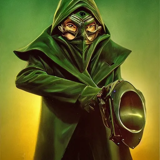 Prompt: ominous man, wearing full mask made of green polished emerald rendered in unreal engine, soviet poster aesthetic, dnd universum, dark fantasy, painted by artgerm and james gurney