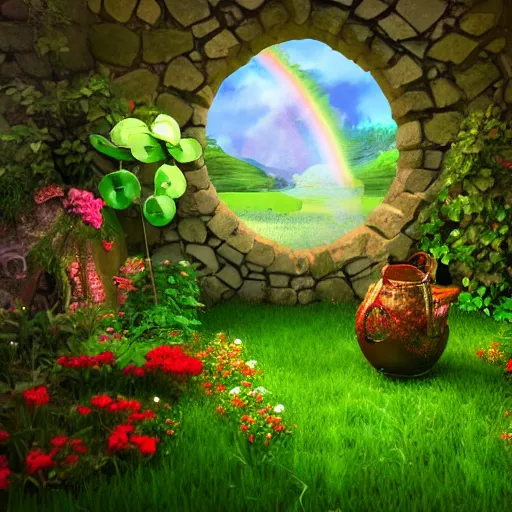 Prompt: Irish style fairy tale cartoon background, 3d rendering, ray tracing, small details, plants, clover, pots of gold, rainbow, ambient light, photo realism