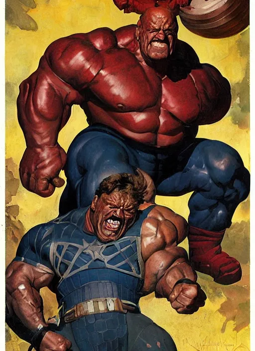 Image similar to full body and head portrait of huge mutant dorian yates as marvel's juggernaut, dynamic action, painted by norman rockwell and phil hale and greg staples and tom lovell and frank schoonover and jack kirby