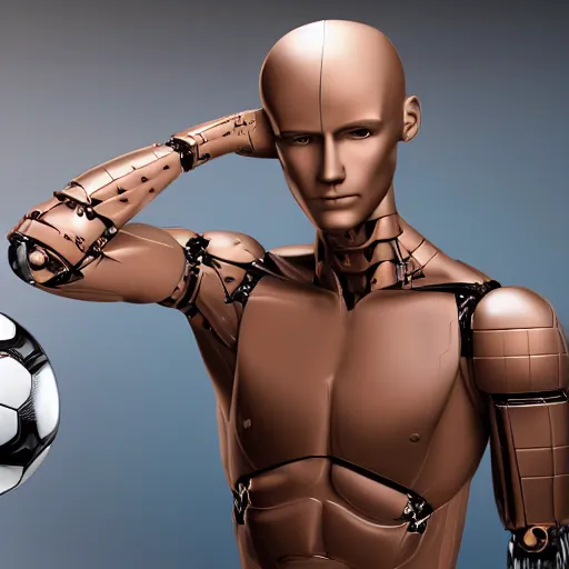 Image similar to a realistic detailed photo of a guy who is an attractive humanoid who is half robot and half humanoid, who is a male android, attractive and handsome soccer players, shiny skin, posing like a statue, blank stare, in a factory, on display, showing off his muscles, wearing soccer shorts, side view, looking at each other mindlessly