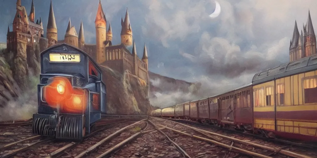 Prompt: mysterious painting of Hogwarts train and a beautiful female conductor