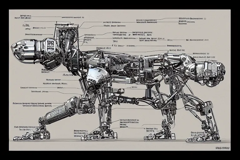 Prompt: blueprint of robotic pit bull with a rocket! launcher!, realistic, detailed, intricate, trending on artstation