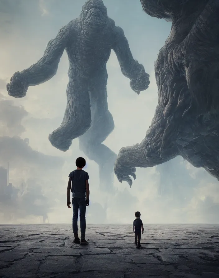 Prompt: Tiny human standing in front of gigant monster, octane render, trending on artstation, greg rutkowski very coherent symmetrical artwork. cinematic, hyper realism, high detail, octane render, 8k