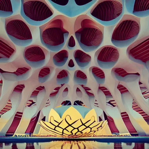 Image similar to futuristic lotus fractal temple with gold, red and white marble panels, in the desert, by buckminster fuller and syd mead, intricate contemporary architecture, photo journalism, photography, cinematic, national geographic photoshoot