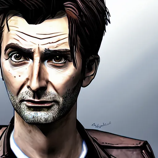 Prompt: david tennant portrait, borderlands, tales from the borderlands, the wolf among us, comic, cinematic lighting, studio quality, 8 k