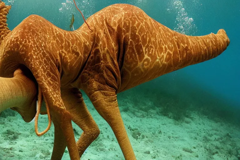 Image similar to underwater photo hibrid tentacle shaped legs jiraffe by national geographic