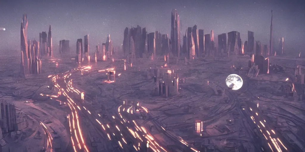 Image similar to cinematic shot of a city in the moon's hollow, russian orbit city cityscape, telephoto, iconic scene from the paranoid thriller sci fi film directed by stanley kubrick, anamorphic cinematography, beautiful composition, color theory, leading lines, photorealistic, moody volumetric lighting