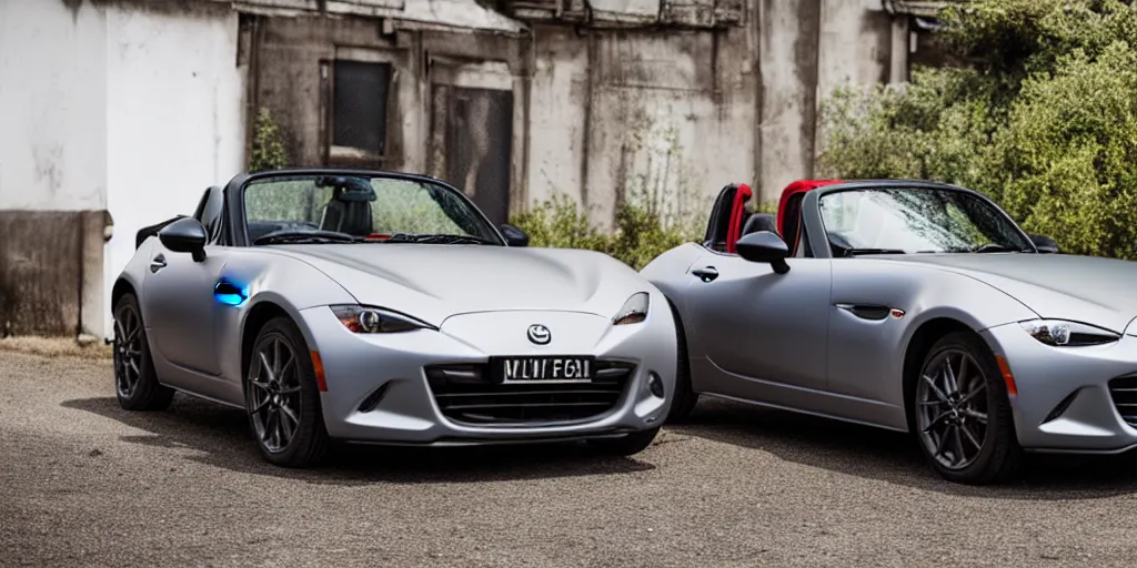 Image similar to a wide angle photograph of a grey rabbit posing next to a red mazda mx-5