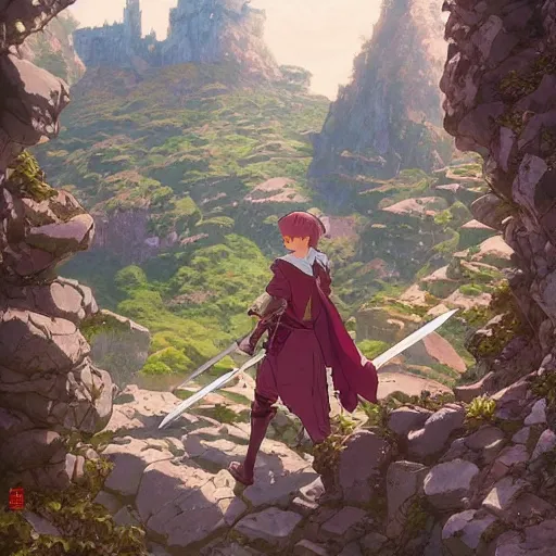 Image similar to the knight and the sword of rose petal, anime, castle core, mountains, rocky roads. by hayao miyazaki and rossdraws and artgerm and greg rutkowski and alphonse mucha and studio ghibli and ilya kuvshinov. high quality, stunning, intricate detailed environment. 8 k