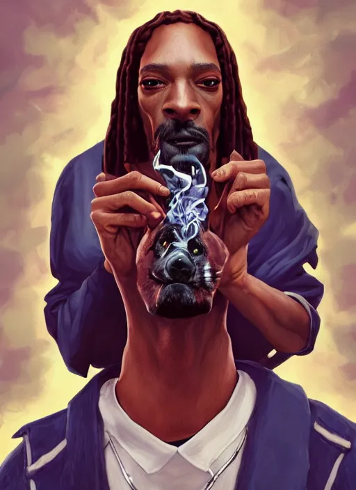 Prompt: An epic fantasy comic book style portrait painting of Snoop doggy dog smoking a blunt, unreal 5, DAZ, hyperrealistic, octane render, cosplay, RPG portrait, dynamic lighting