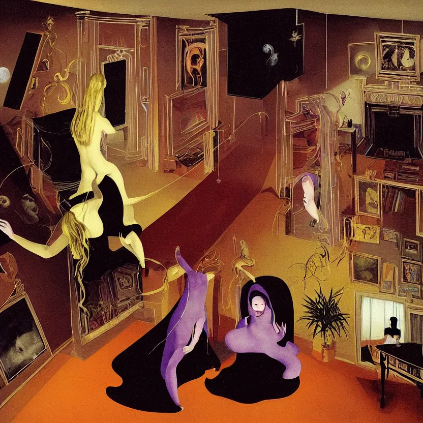 Image similar to One man and one woman attached by love in a living room of a house, floating dark energy surrounds the middle of the room. There is one living room plant to the side of the room, surrounded by a background of dark cyber mystic alchemical transmutation heavenless realm, cover artwork by francis bacon and Jenny seville, by Remedios Varo and Anato Finnstark and Greg Rutkowski and Andy Warhol, dayglo pink, dayglo blue, prismatic, pearlescent white, raven black, hyperrealism, 8k, trending on ArtStation, rendered in Octane, rendered in Unreal engine, award winning, volumetric lighting
