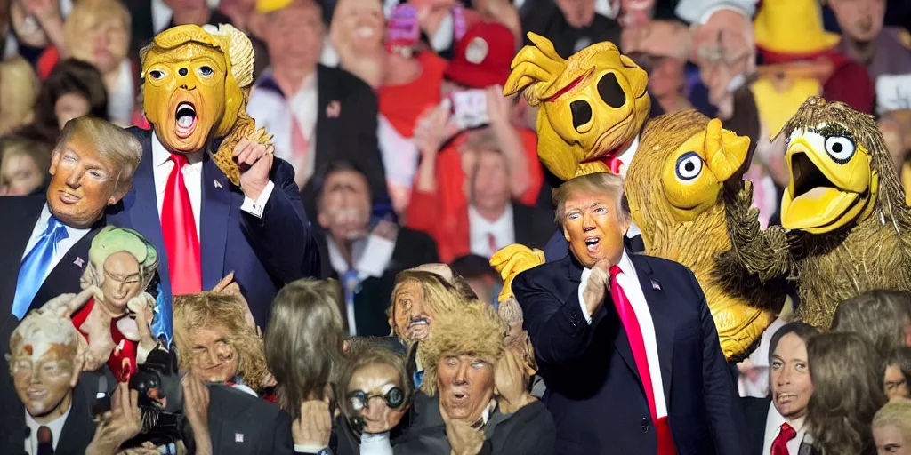 Image similar to Donald Trump in the land of H.R. Pufnstuf, photorealistic