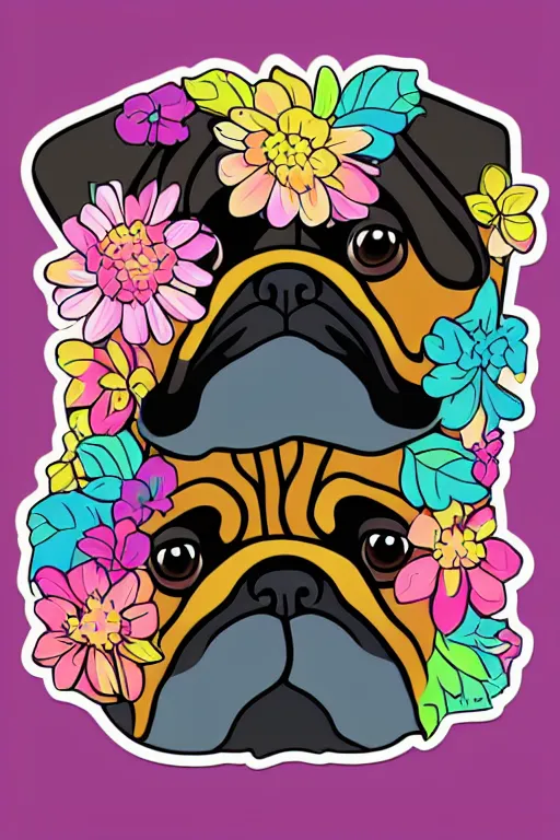 Image similar to portrait of a flower rambo pug, art by milka oxana, sticker, colorful, illustration, highly detailed, simple, smooth and clean vector curves, no jagged lines, vector art, smooth