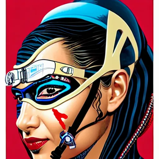 Image similar to a profile photo of a egyptian woman with a diving oxygen mask with side profile blood in ocean intricate details by MARVEL comics and Sandra Chevrier-C