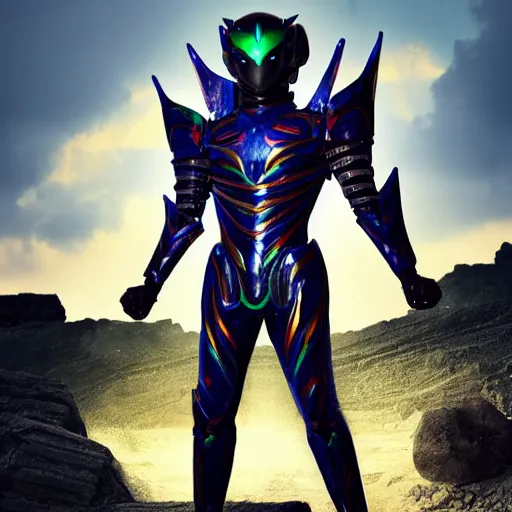 Prompt: High Fantasy Kamen Rider standing in a rock quarry, full body, 4k, glowing eyes, daytime, rubber suit, dark blue segmented armor, dragon inspired armor, centered in frame, promotional picture