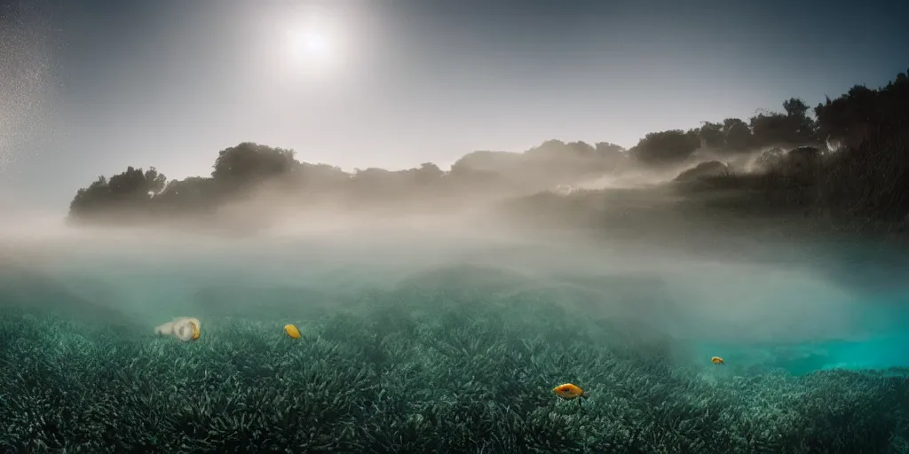 Image similar to a great photograph of the most amazing golf hole in the world, perfect light, under water, coral reef, ambient light, 5 0 mm, golf digest, top 1 0 0, fog