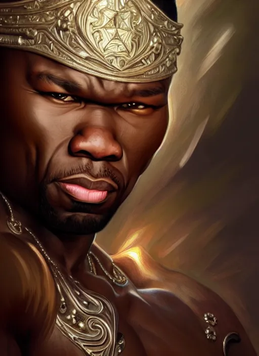 Image similar to Portrait of 50 cent, D&D, muscular, fantasy, intricate, elegant, highly detailed, digital painting, artstation, concept art, smooth, sharp focus, illustration, art by artgerm and greg rutkowski and alphonse mucha