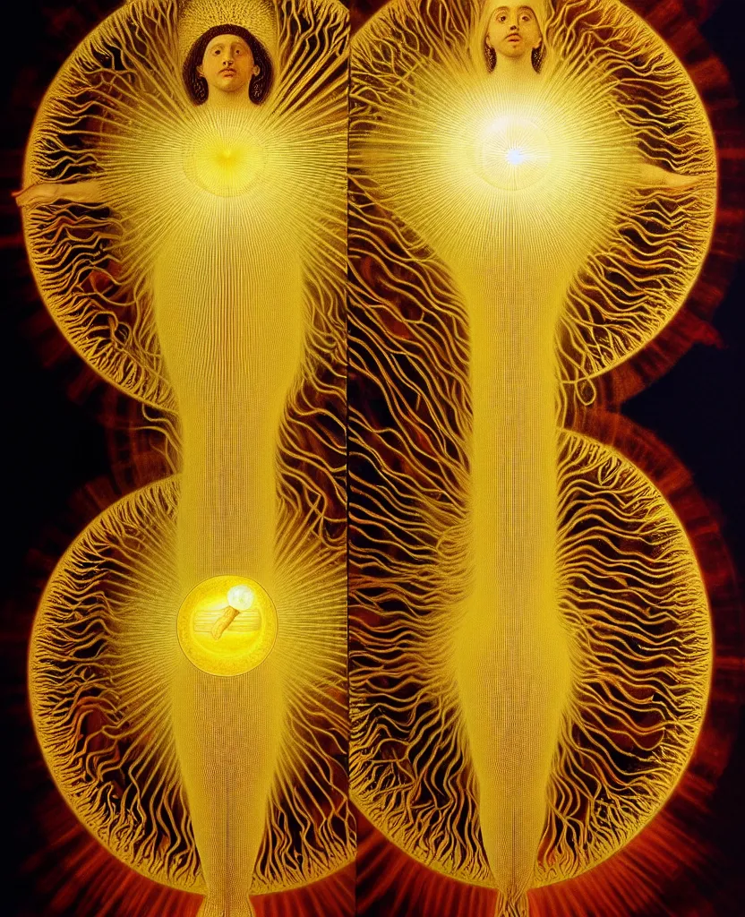 Prompt: a golden child radiates a unique canto'as above so below'while being ignited by the spirit of haeckel and robert fludd, breakthrough is iminent, glory be to the magic within, in honor of venus, painted by ronny khalil