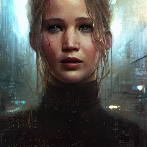 Image similar to jennifer lawrence, hyperrealistic portrait, bladerunner street, art of elysium by jeremy mann and alphonse mucha, fantasy art, photo realistic, dynamic lighting, artstation, poster, volumetric lighting, very detailed face, 4 k, award winning