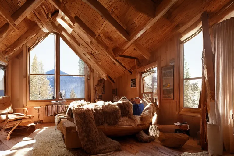 Image similar to interior of a cozy room in Aspen, golden hour, sunbeams, volumetric lighting, cozy, super cozy, cozy!, very cozy, comfortable, warm, coziest room in the world, by Emmanuel Lubezki