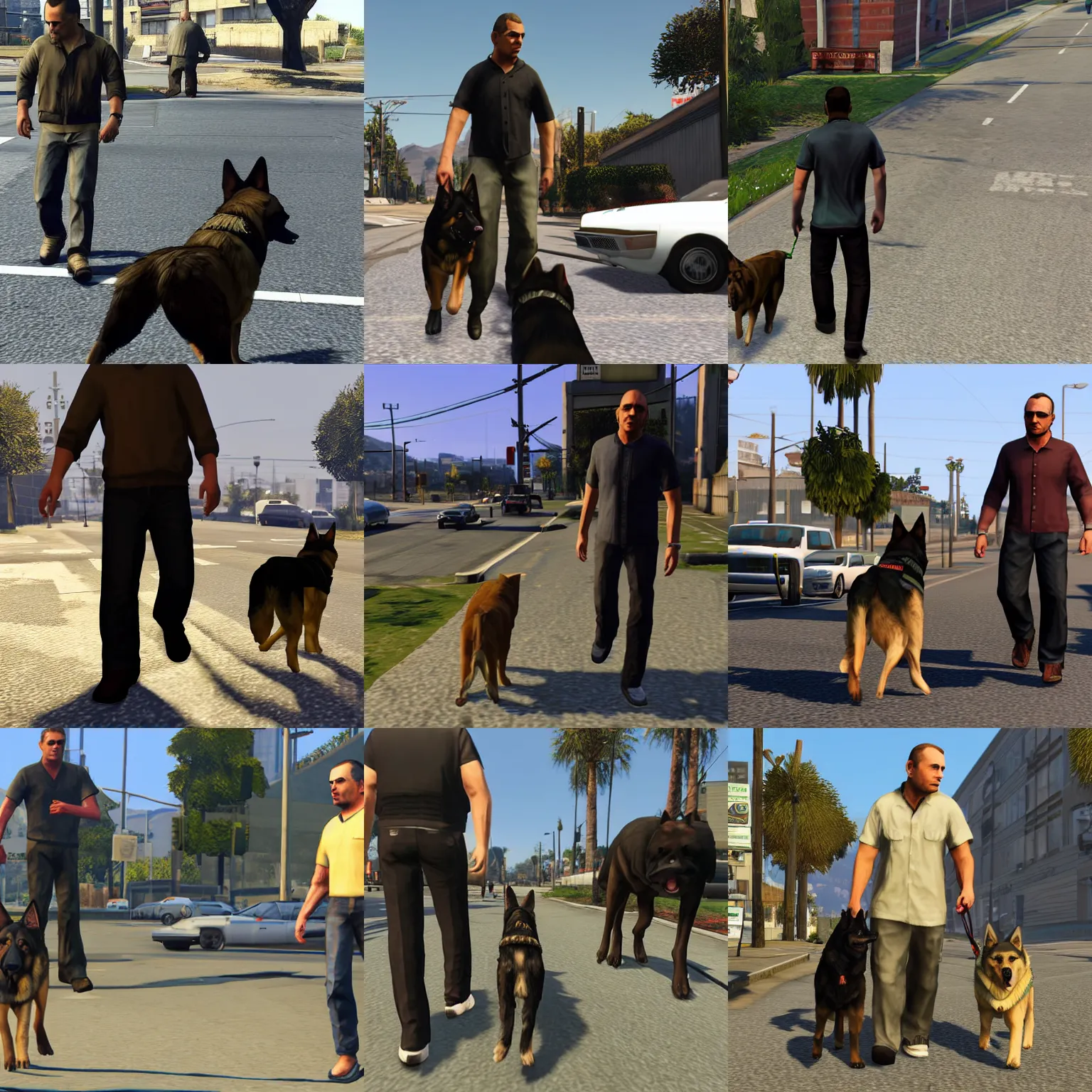 Prompt: Man walking along german shepherd, detailed, GTA V character