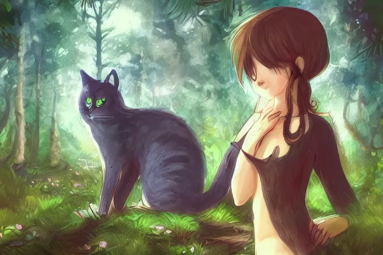 Image similar to cat in the forest, frontlighting, digital art, trending on artstation, fanart, by kawacy