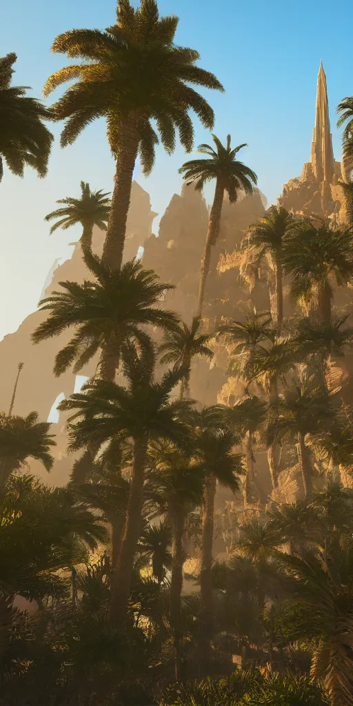 Prompt: eye level view of a golden detailed babylon tower, fantasy, golden hour, photorealism, arid mountains and lush palm forest, unreal engine