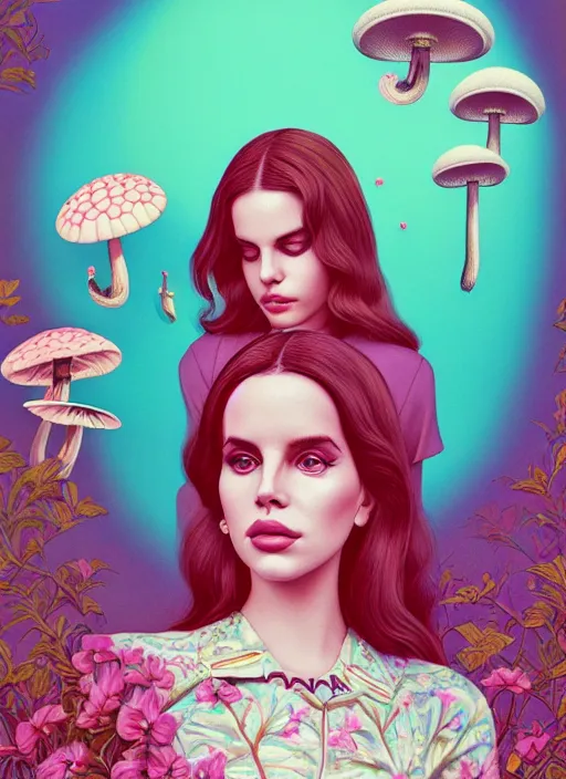 Image similar to pretty lana del rey with hallucination mushroom : : by martine johanna and simon stalenhag and chie yoshii and casey weldon and wlop : : ornate, dynamic, particulate, rich colors, intricate, elegant, highly detailed, vogue, harper's bazaar art, fashion magazine, smooth, sharp focus, 8 k, octane render,