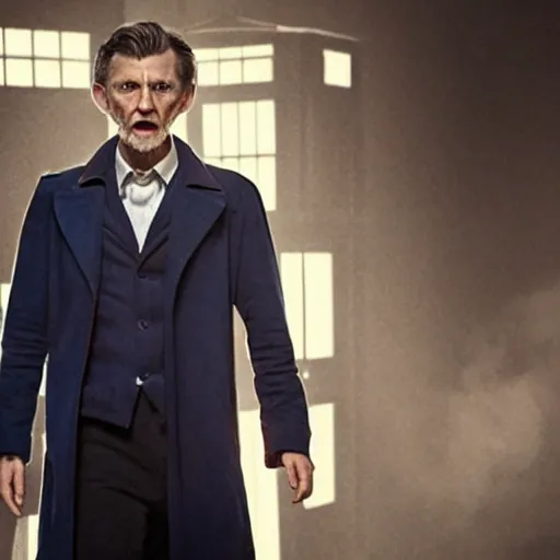 Image similar to tom holland as a rough dirty old man with a scruffy beard in a dark blue trenchcoat as the new doctor who, cinematic, volumetric lighting, f 8 aperture, cinematic eastman 5 3 8 4 film, photorealistic