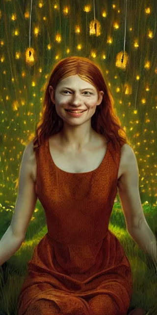 Prompt: a totally amazed smiling fit woman surrounded by golden firefly lights in a mesmerizing scene, sitting amidst nature fully covered! intricate detailed dress, long loose red hair, precise linework, accurate green eyes, small nose with freckles, beautiful smooth oval head, expressive emotions, hyper realistic ultrafine portrait by artemisia gentileschi, jessica rossier, boris vallejo