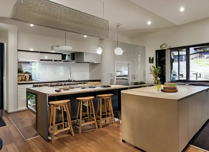 Image similar to luxurious cannabis kitchen in australian suburban everyday life, charming and tranquil