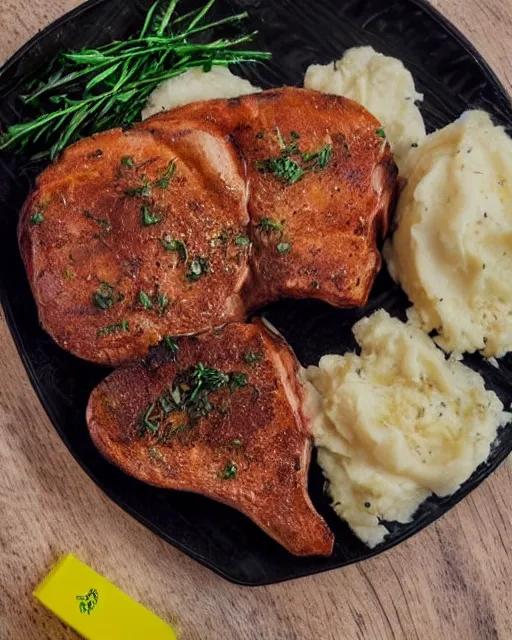 Prompt: porkchops and mashed potatos on the new razer gaming LED plate, HD, trending on artstation, instagram post, LED