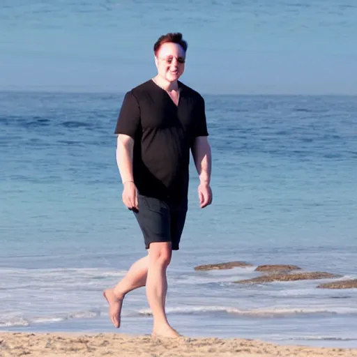 Image similar to elon musk smiling walking at the beach chilling in aruba