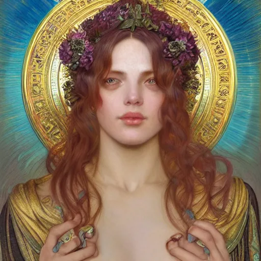 Image similar to an portrait of a beautiful alluring female goddess, detailed, centered, digital painting, artstation, concept art, donato giancola, Dante Gabriel Rossetti, alphonse mucha, Joseph Christian Leyendecker, WLOP, Boris Vallejo, Breathtaking, 8k resolution, extremely detailed, beautiful, establishing shot, artistic, hyperrealistic, beautiful face, octane render