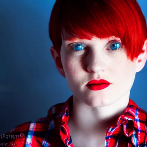 Image similar to photograph, closeup portrait of a young pale woman with short red hair in a dark room, blue eyes, wearing red flannel, flash photography, indoor setting, high contrast, sharp, portra 4 0 0, photographed by terry richardson, trending on tumblr,