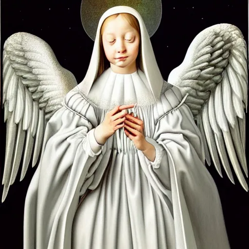 Image similar to highdetailed hyperrealistic painting of white angel!!! no gender smiling noface!!!, light instead of hands, white sparkles everywhere, 4 k hd face!!!, big silver high detailed wings!!!, renaissance, by jan van eyck, by gerhard richter, holography space, glow effect, large strokes, monochrome!!!!!