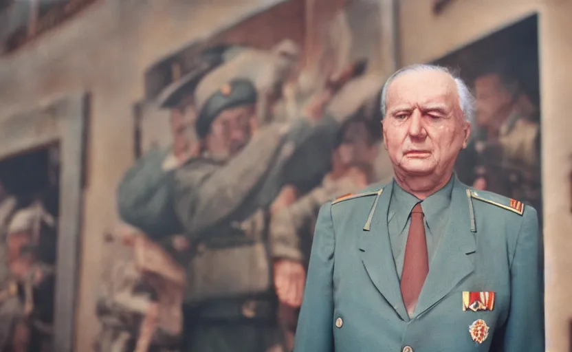 Image similar to 50s movie still close-up portrait of an elder soviet general standing in an giant stalinist style museum, by David Bailey, Cinestill 800t 50mm eastmancolor, heavy grainy picture, very detailed, high quality, 4k, HD criterion, precise texture and facial expression