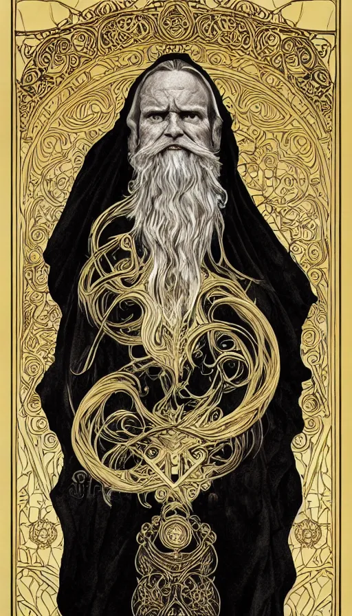 Image similar to one old man wore a black cloak, a black cloak and a white beard, highly detailed, very intricate, art nouveau, gold filigree, left right symmetry, tarot concept art watercolor illustration by mandy jurgens and alphonse mucha and alena aenami, featured on artstation