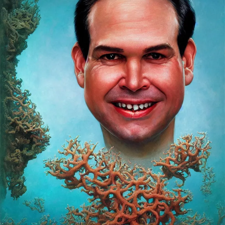 Prompt: Hyperrealistic intensely colored close up studio Photograph portrait of deep sea bioluminescent Senator Marco Rubio, symmetrical face realistic proportions eye contact tentacles, Grinning in a coral reef underwater, award-winning portrait oil painting by Norman Rockwell and Zdzisław Beksiński vivid colors high contrast hyperrealism 8k