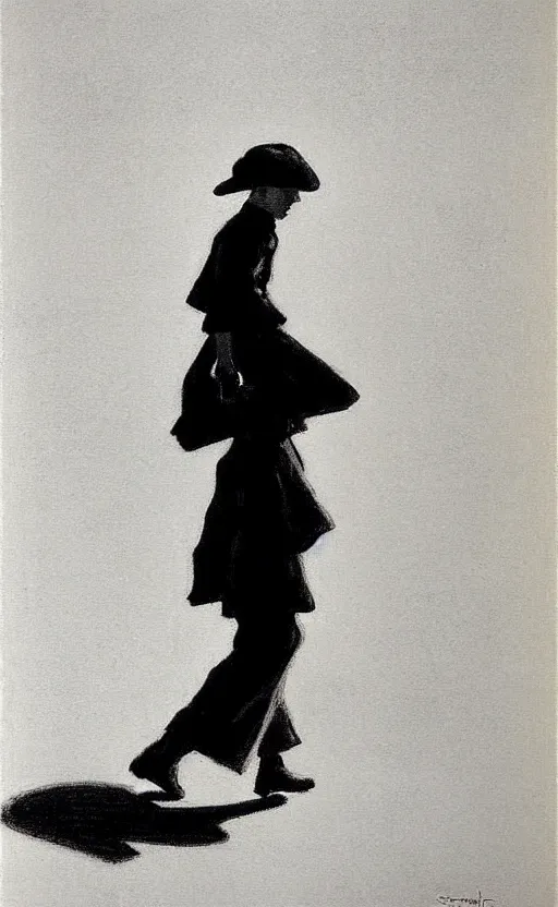 Image similar to symmetry!! black and white silhouette drawing of a person walking, white background by stanhope forbes