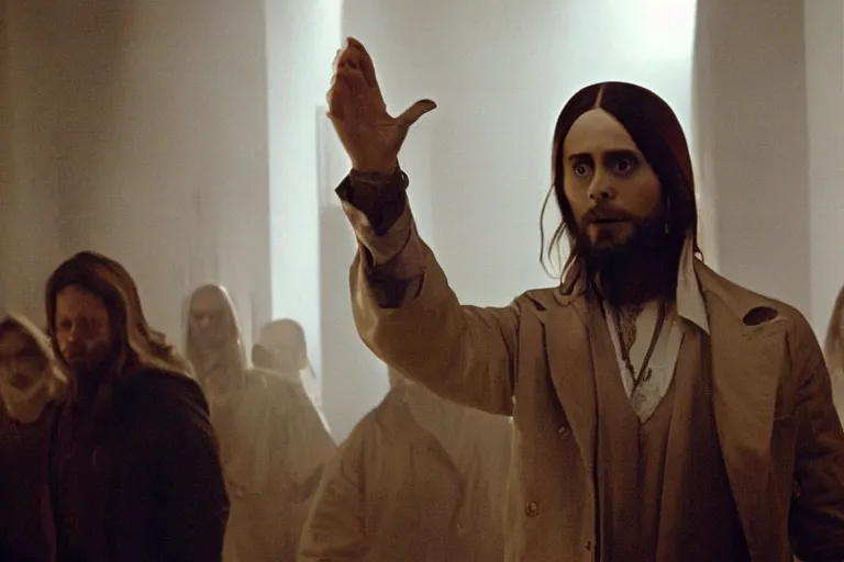 Image similar to Jared Leto as the religious leader Jim Jones in 'Cult' (2006), movie still frame, promotional image, imax 70 mm footage, oscar nominated cinematography, volumetric lighting, 8k resolution