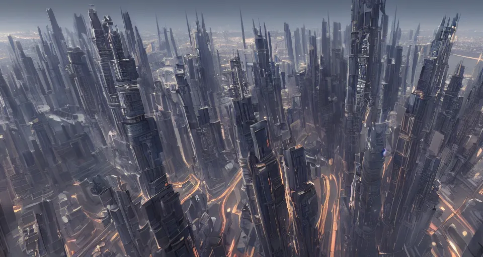 Image similar to view on futuristic city in the horizon, in style of!! angelcore, detailed, sharp, 8 k